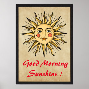 Gele zon met een gezicht (Goedemorgen Zonneschijn) Poster