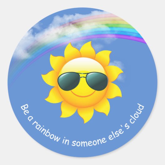Gele zon met zonnebril en regenboog ronde sticker (Voorkant)