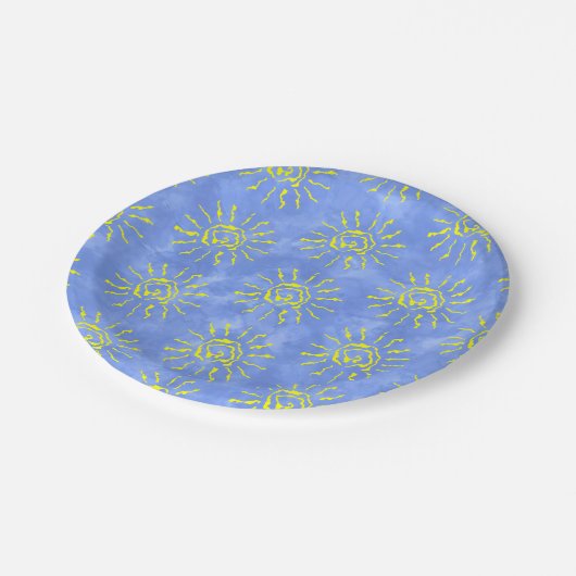 Gele zon Waterverf achtergrond blauw Papieren Bordje (Gekanteld)