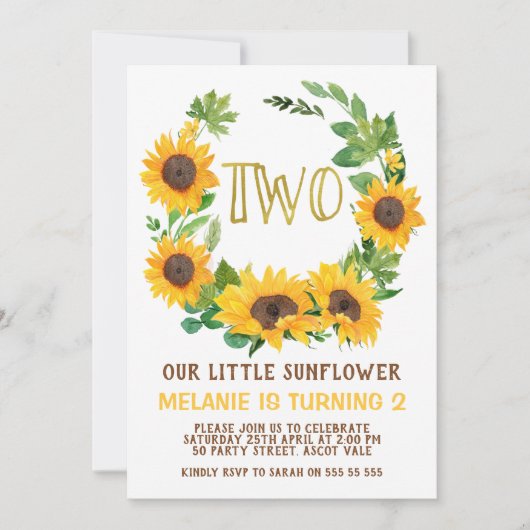 Gele zonnebloem, 2e verjaardag uitnodiging (Voorkant)