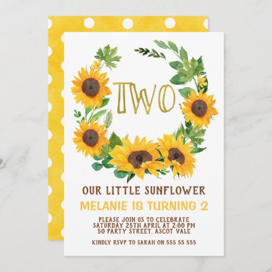 Gele zonnebloem, 2e verjaardag uitnodiging (Voorkant / Achterkant)