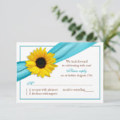 Gele Zonnebloem Aqua Blauwe Lint Trouw RSVP (Staand voorkant)