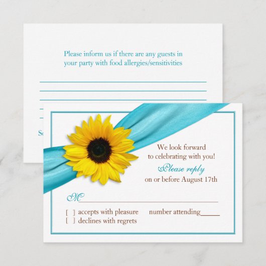 Gele Zonnebloem Aqua Blue Ribbon Wedding RSVP (Voorkant / Achterkant)