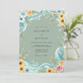 Gele Zonnebloem Azure Eucalyptus Bruiloft Kaart (Staand voorkant)