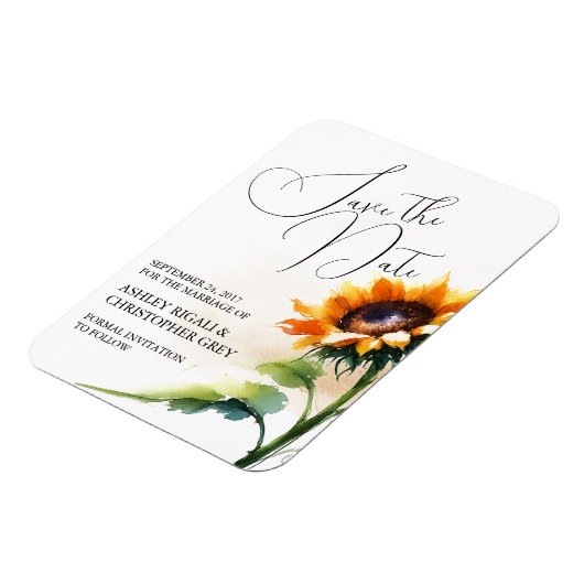 Gele zonnebloem bewaar de datum magneet (Linkerzijde)