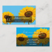 Gele zonnebloem blauw monogram rechthoek visitekaartje (Voorkant / Achterkant)