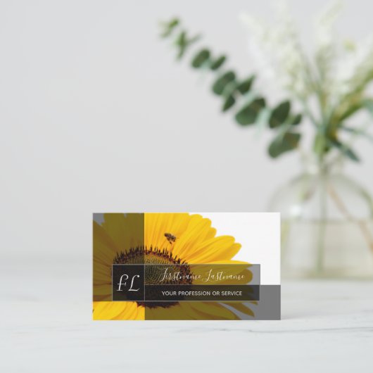 Gele zonnebloem blauw monogram rechthoek visitekaartje (Staand voorkant)