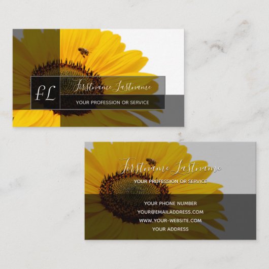 Gele zonnebloem blauw monogram rechthoek visitekaartje (Voorkant / Achterkant)