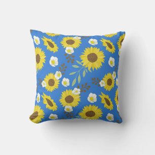 Gele Zonnebloem Blauwe Achtergrond Bloem Bloemrijk Kussen