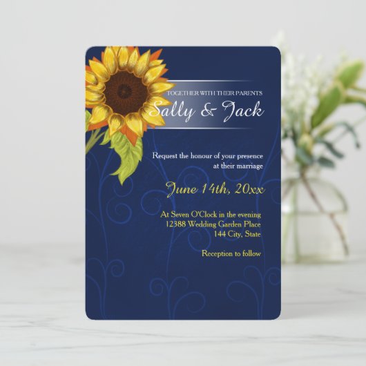Gele zonnebloem/blauwe achtergrond bruiloft kaart (Staand voorkant)