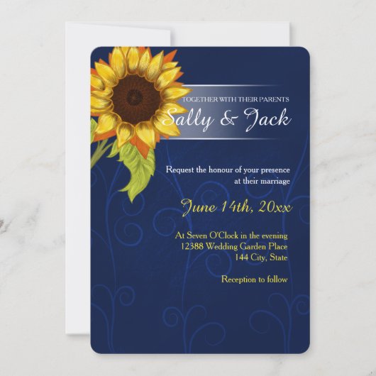 Gele zonnebloem/blauwe achtergrond bruiloft kaart (Voorkant)