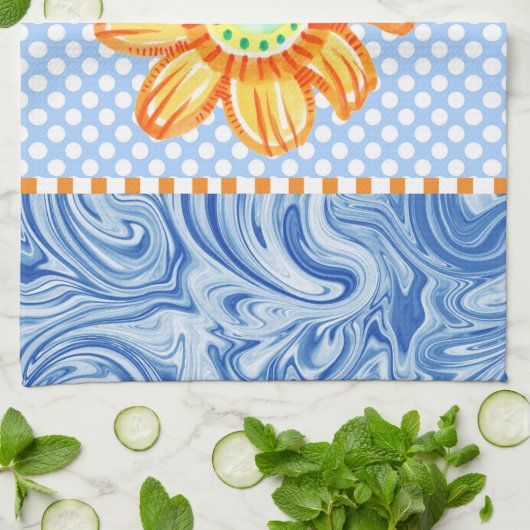 Gele zonnebloem Blauwe Polkadot Kitchen Towel Theedoek (Gevouwen)