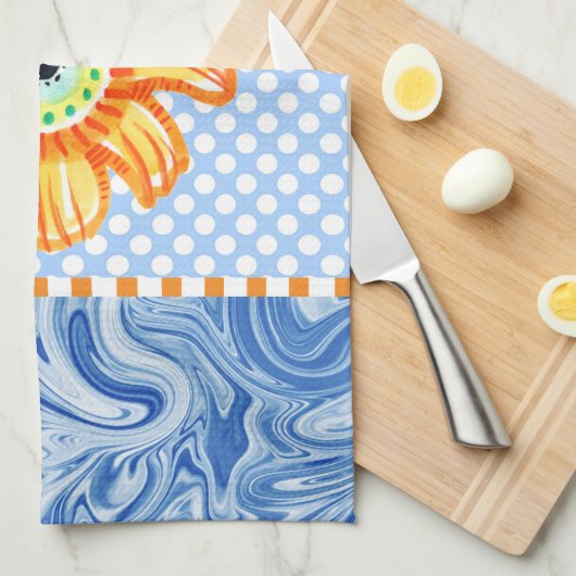 Gele zonnebloem Blauwe Polkadot Kitchen Towel Theedoek (Quarter Fold)