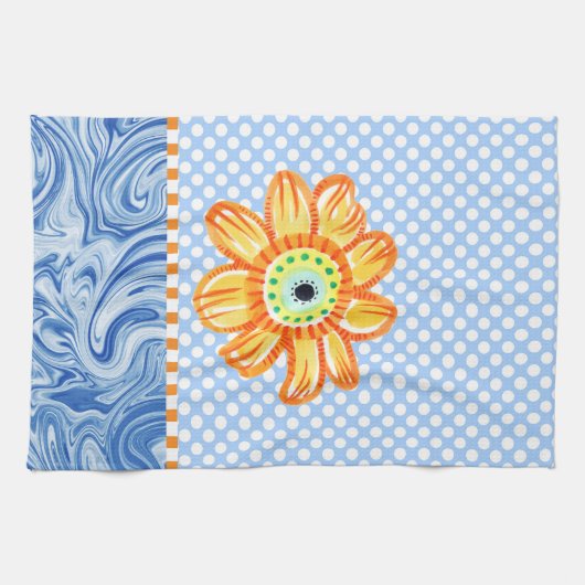 Gele zonnebloem Blauwe Polkadot Kitchen Towel Theedoek (Horizontaal)