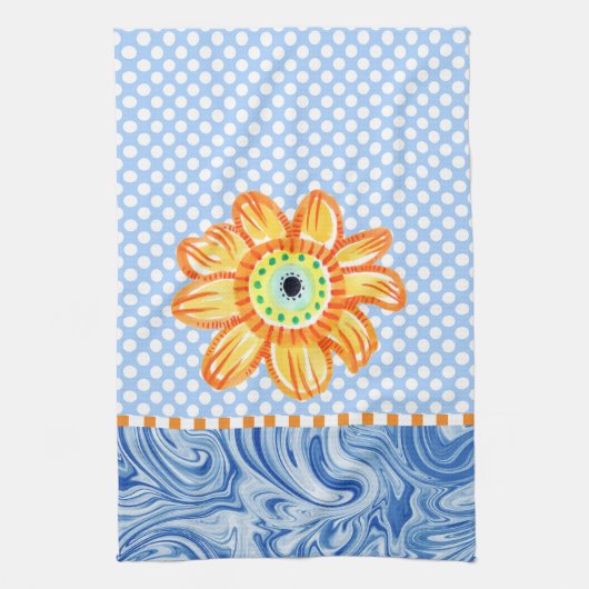 Gele zonnebloem Blauwe Polkadot Kitchen Towel Theedoek (Verticaal)