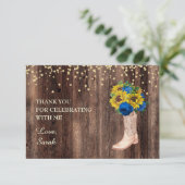 Gele zonnebloem Blauwe Rozen Boots Wood Dank u Bedankkaart (Staand voorkant)