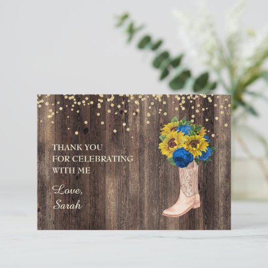 Gele zonnebloem Blauwe Rozen Boots Wood Dank u Bedankkaart (Staand voorkant)