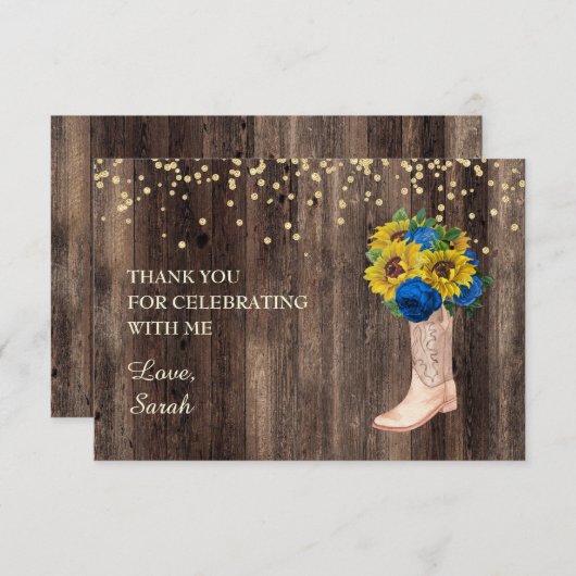 Gele zonnebloem Blauwe Rozen Boots Wood Dank u Bedankkaart (Voorkant / Achterkant)