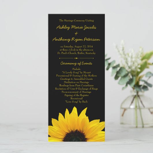 Gele Zonnebloem Bloem Zwart Trouwprogramma Programmakaart (Staand voorkant)