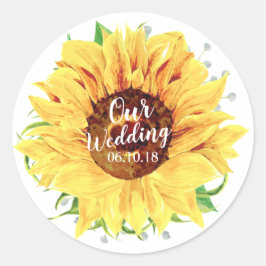 Gele Zonnebloem Bloemen Bloemen Bruiloft Waterverf Ronde Sticker