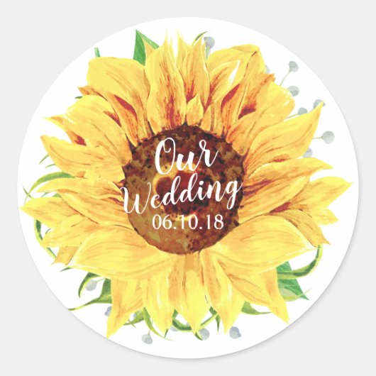 Gele Zonnebloem Bloemen Bloemen Bruiloft Waterverf Ronde Sticker (Voorkant)