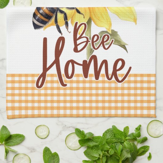 Gele Zonnebloem Bloemen Gingham Bee Happy Sunshine Theedoek (Gevouwen)