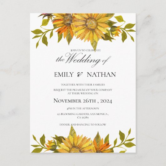  gele zonnebloem bloemenbruiloft uitnodiging (Voorkant)