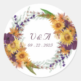 Gele zonnebloem bloemkroon roze, paarse bloemenkra ronde sticker