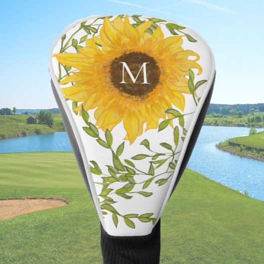 Gele zonnebloem bloemstuk met eigen initialen dame golfheadcover