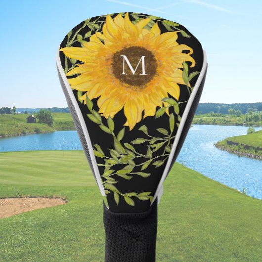 Gele zonnebloem bloemstuk met eigen initialen dame golfheadcover