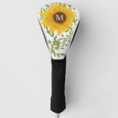 Gele zonnebloem bloemstuk met eigen initialen dame golfheadcover (Voorkant)