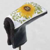 Gele zonnebloem bloemstuk met eigen initialen dame golfheadcover (3/4 voorkant)