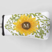 Gele zonnebloem bloemstuk met eigen initialen dame golfheadcover (Voorkant)