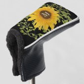 Gele zonnebloem bloemstuk met eigen initialen dame golfheadcover (3/4 voorkant)