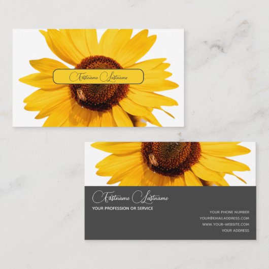 Gele zonnebloem bloesem gelegante grijze rechthoek visitekaartje (Voorkant / Achterkant)