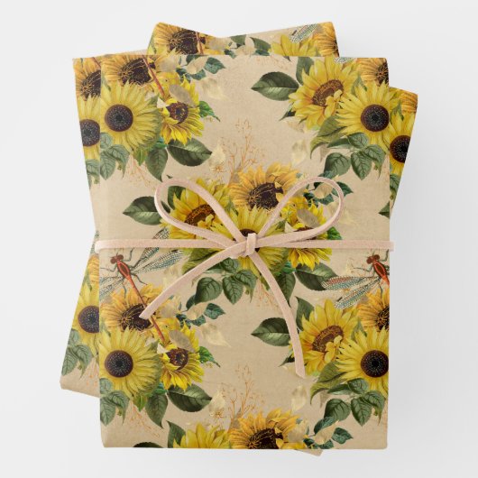  Gele Zonnebloem Bouquet Dragonflies Inpakpapier Vel (In situ)