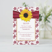 Gele Zonnebloem Bourgondië Damask Wedding RSVP Car (Staand voorkant)