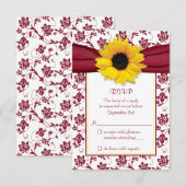 Gele Zonnebloem Bourgondië Damask Wedding RSVP Car (Voorkant / Achterkant)
