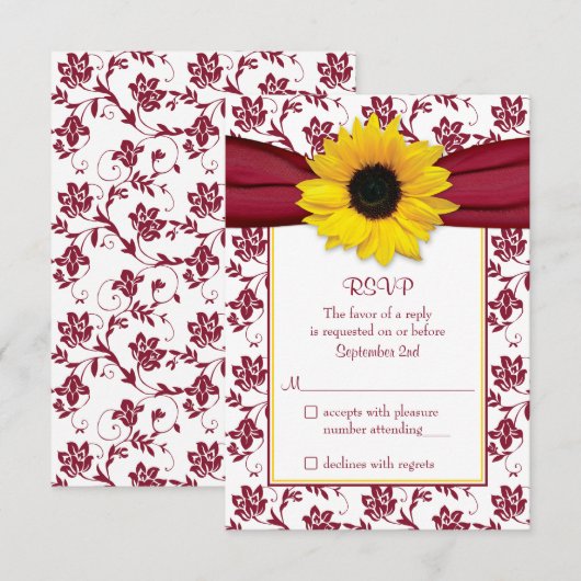 Gele Zonnebloem Bourgondië Damask Wedding RSVP Car (Voorkant / Achterkant)