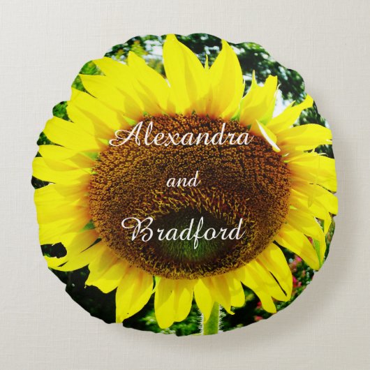 Gele zonnebloem, bruinbruinbruin op maat gemaakt h rond kussen (Voorkant)