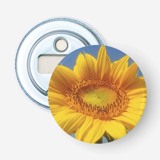 Gele zonnebloem button flesopener (Voorkant)