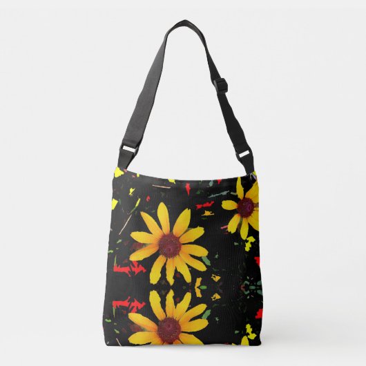 Gele zonnebloem Canvas tas/Zwarte Confetti Crossbody Tas (Voorkant)