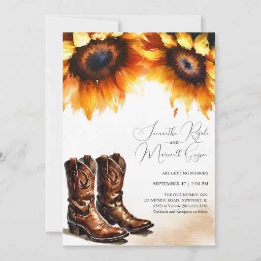 Gele Zonnebloem Cowboy Laarzen Bruiloft Uitnodigin Kaart (Voorkant)
