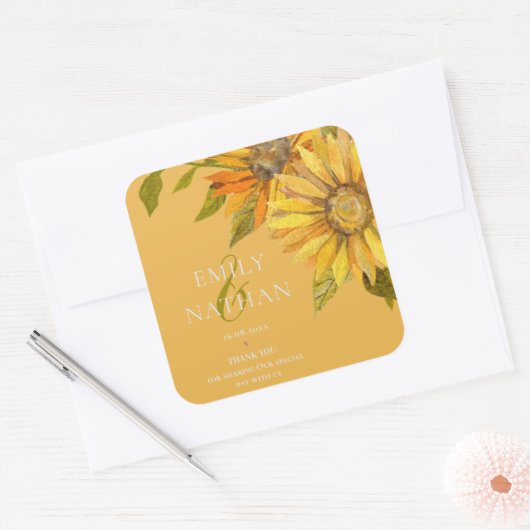  gele zonnebloem elegante bloemenbruiloft vierkante sticker (Envelop)