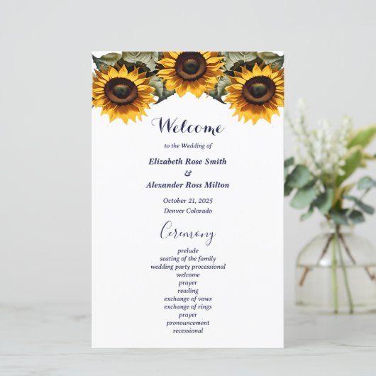 Gele zonnebloem elegante bruiloft programma (Staand voorkant)
