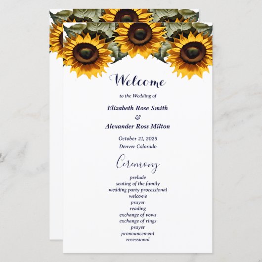 Gele zonnebloem elegante bruiloft programma (Voorkant / Achterkant)