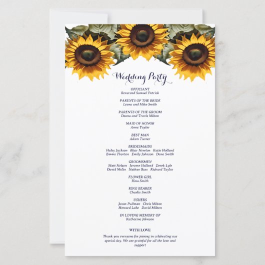 Gele zonnebloem elegante bruiloft programma (Achterkant)