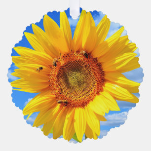 Gele Zonnebloem en Bijen Kerst Ornament Kaart
