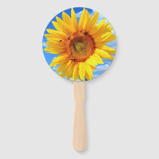Gele Zonnebloem en Bijen op Blue Sky Hand Fan Handwaaier (Voorkant)