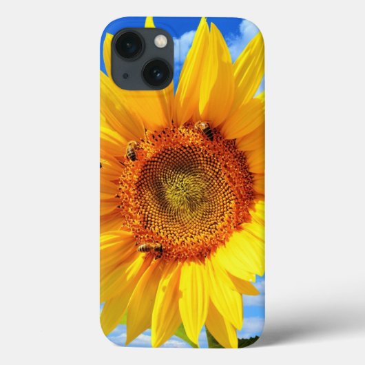 Gele Zonnebloem en Bijen op Blue Sky iPhone Case (Achterkant)